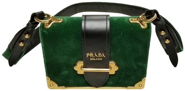 Prada Cahier Black Leather Trim Green Velvet Shoulder Bag