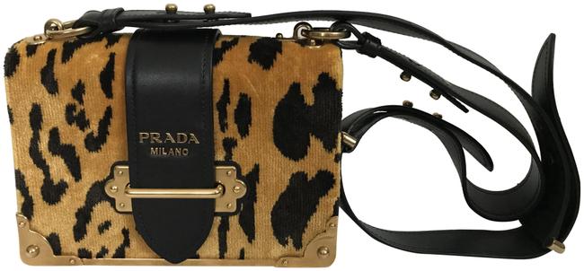 Prada Cahier Leopard Black Leather Handbag Yellow Velvet Shoulder Bag