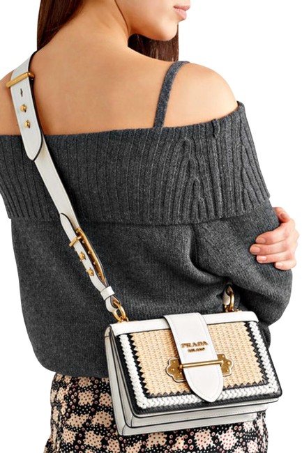 Prada Cahier Whipstitched And White Leather Raffia Shoulder Bag