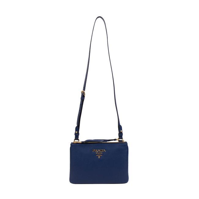 Prada Calf Gold Logo Blue Leather Shoulder Bag