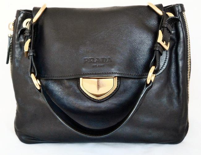 Prada Calf Zipper Detail Black Leather Shoulder Bag