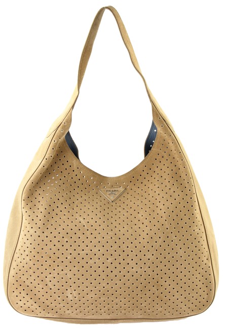 Prada Cammello Perforated Brown Suede Leather Shoulder Bag