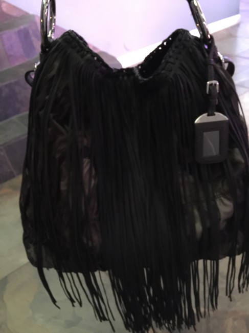 Prada Camouflage Black Fringe Leather Shoulder Bag