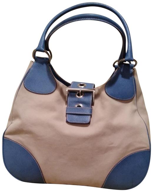 Prada Canapa Moon SabbiaCobal Leather Trim with Canvas Shoulder Bag