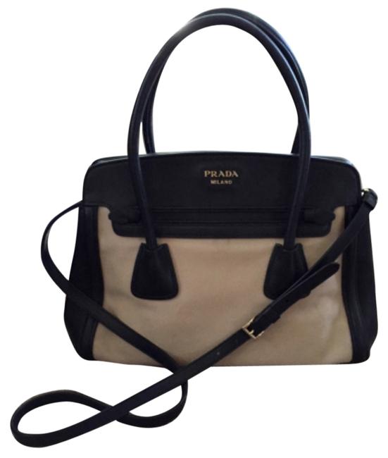 Prada Canapa Saffiano Tote CreamBlack CanvasLeather Shoulder Bag