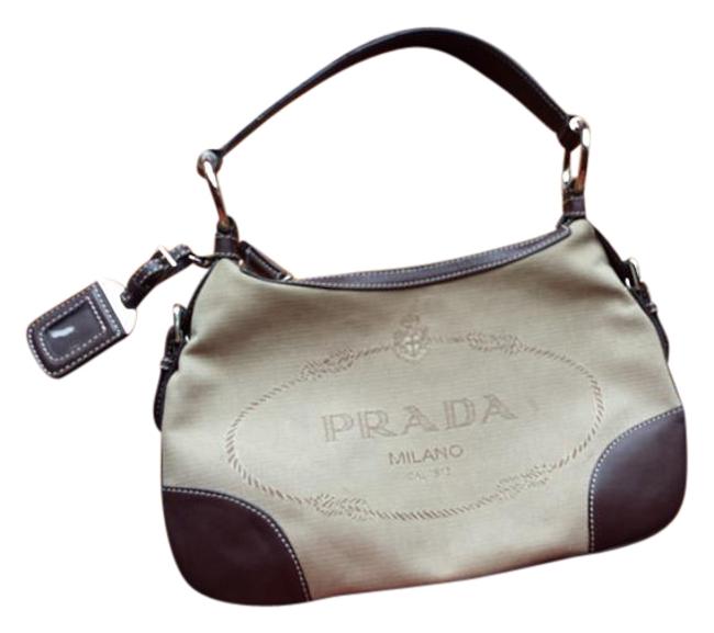 Prada CanvasBrown Jacquard Purse BeigeBrown CanvasLeather Shoulder Bag
