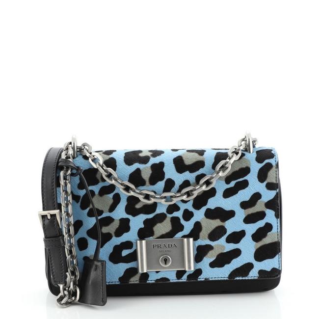 Prada Chain Flap and Medium Black Blue Print Nylon Pony Hair Shoulder Bag