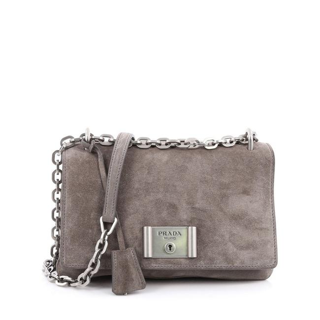 Prada Chain Flap Medium Grey Suede Shoulder Bag