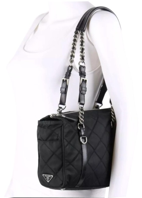 Prada Chain Quilted Flap Classic Logo Tessuto Zip Black Nylon Shoulder Bag