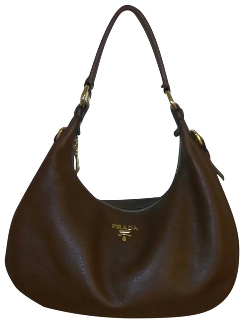 Prada Hobo Condition Brown Pebbled Leather Shoulder Bag