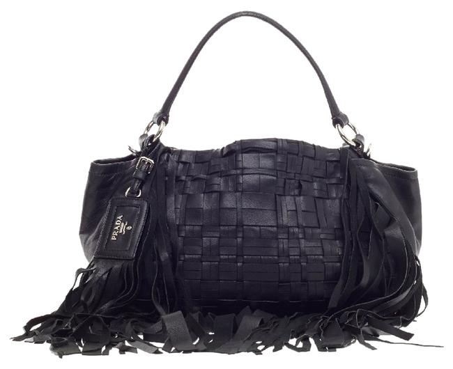 Prada Convertible Fringe Woven Black Nappa Leather Shoulder Bag