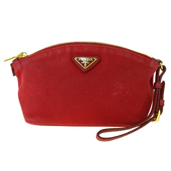 Prada Cosmetic Pouch Milano Logos Hand Canvas Italy Red Leather Shoulder Bag
