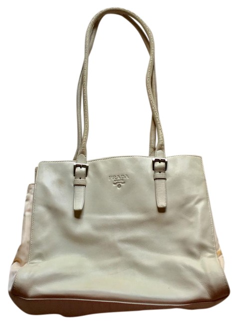 Prada Cream Ivory Leather  Nylon Shoulder Bag
