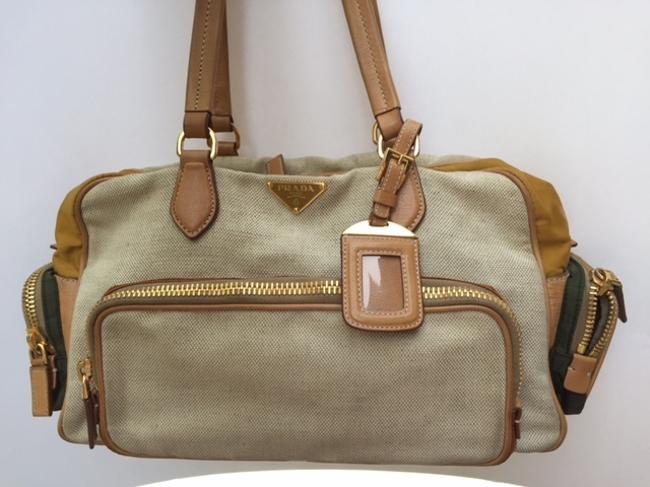 Prada CreamBrownGreen LeatherCanvasNylon Shoulder Bag