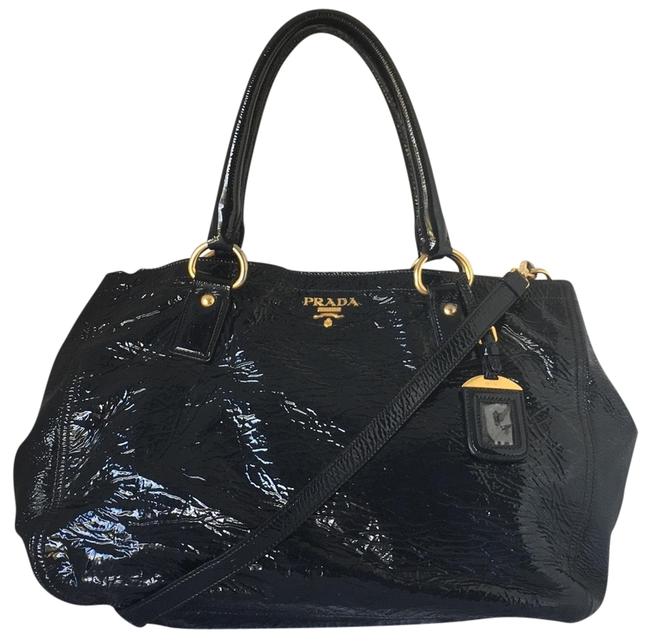 Prada Crinkle Patent Leather Shopper Navy Blue Shoulder Bag