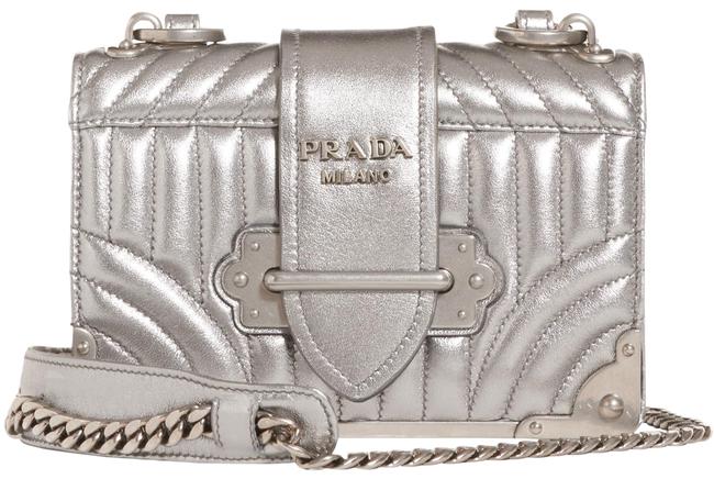 Prada Crossbody Cahier Quilted Metallic Silver Leather Shoulder Bag