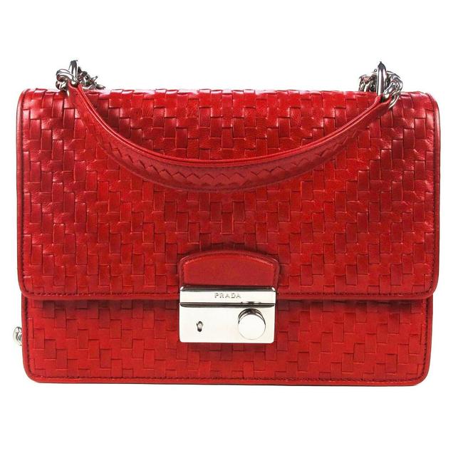 Prada Crossbody Flap Madras Medium Lock Woven Strap Red Leather Shoulder Bag