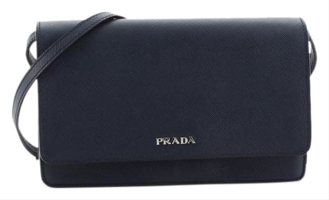 Prada Crossbody Wallet Saffiano Blue Leather Shoulder Bag