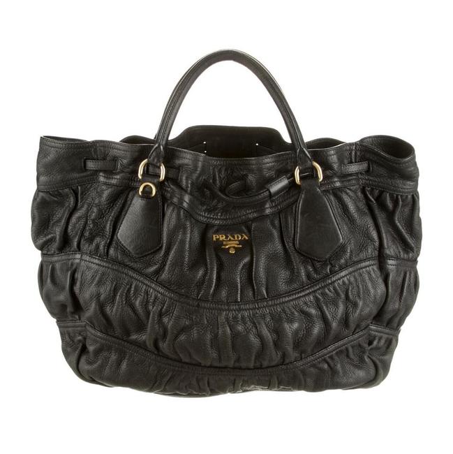 Prada Cuervo Gaufree Drawstring Black Leather Shoulder Bag