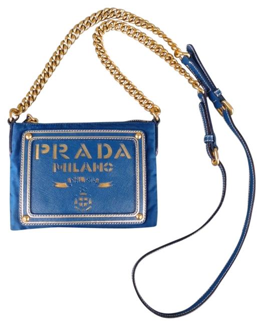 Prada Cutout Tag Gold Chain Blue Canvis Shoulder Bag