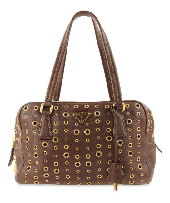 Prada Daino Grommet Brown Leather Shoulder Bag