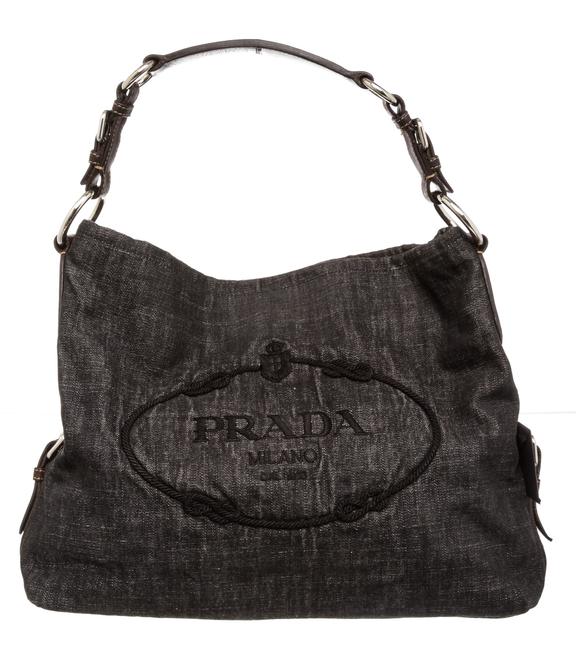 Prada Dark Denim Embroidered Gray Canvas Shoulder Bag