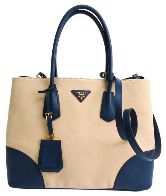 Prada Double B2756t Womens Handbag Beige  Blue Saffiano  Canvas Shoulder Bag