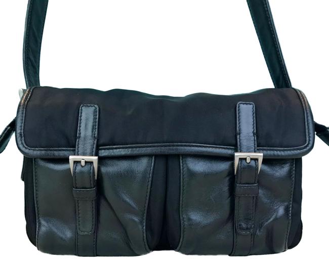 Prada Double Buckle Black Nylon Shoulder Bag