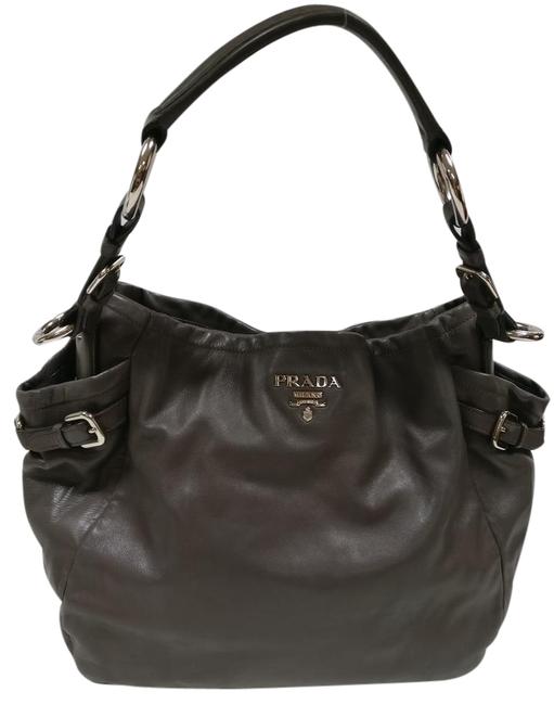 Prada Double Buckle Pocket Gray Leather Shoulder Bag