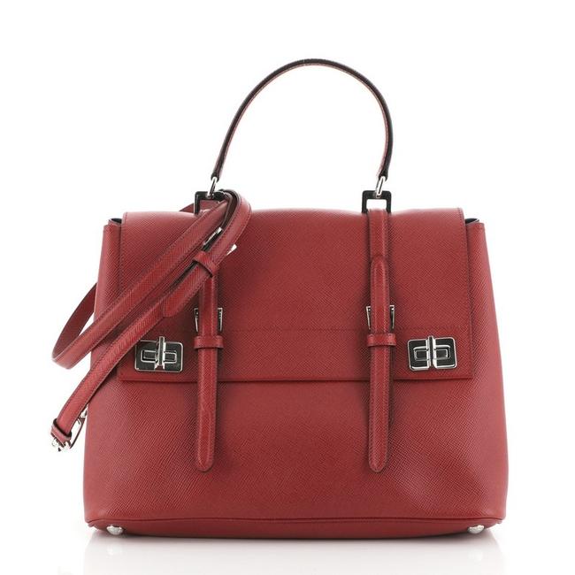 Prada Double Half Flap Turn Lock Satchel Saffiano Leather Large Shoulder Bag
