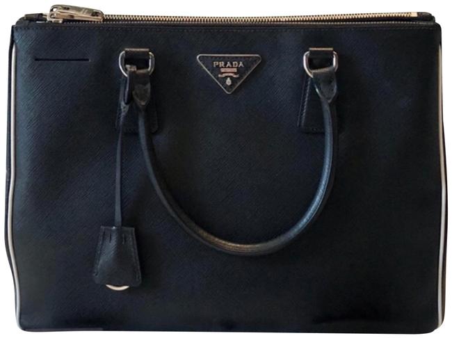 Prada Double Lux Zip White Trim Tote Black Saffiano Leather Shoulder Bag
