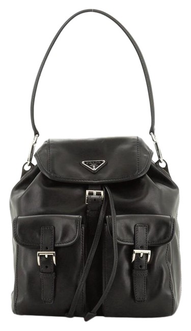 Prada Double Pocket Soft Calfskin Medium Exterior Black Leather Shoulder Bag
