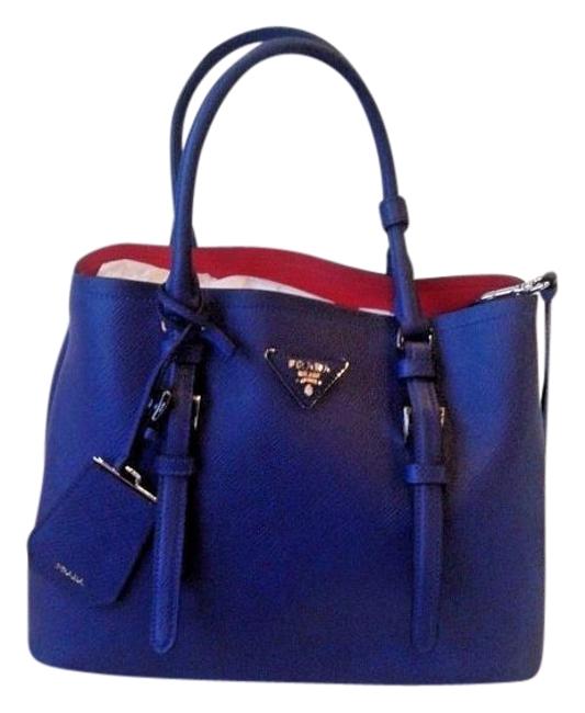 Prada Double Saffiano Cuir BlueRed Baltico+ciliegia Blue Leather Shoulder Bag