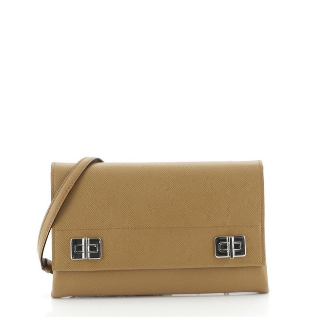 Prada Double Turn Lock Chain Saffiano Small Brown Leather Shoulder Bag