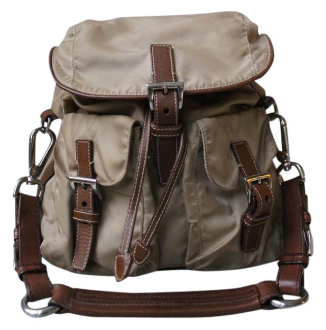 Prada Double Vela Small Double pocket Tan Nylon and Leather Shoulder Bag