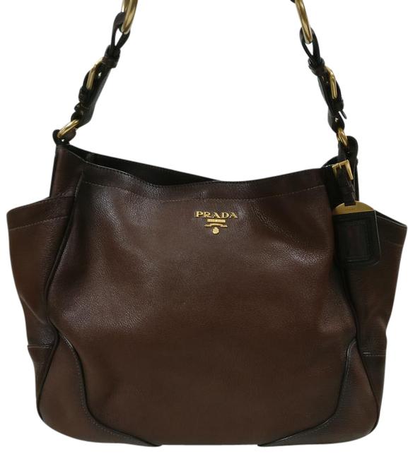 Prada Vitello Daino Double Pocket Brown Leather Shoulder Bag