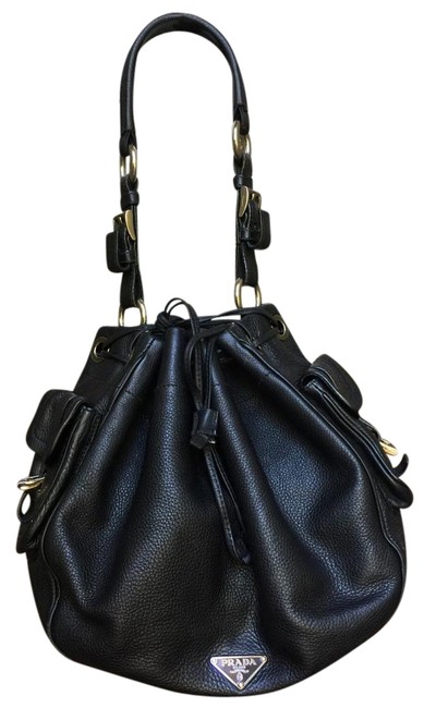 Prada Drawstring Handbag Black Leather Shoulder Bag
