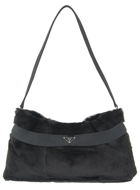 Prada East West Black Rabbit Fur Shoulder Bag