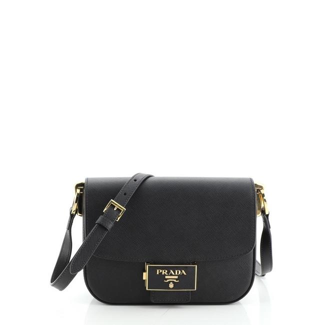 Prada Embleme Flap Saffiano Black Leather Shoulder Bag