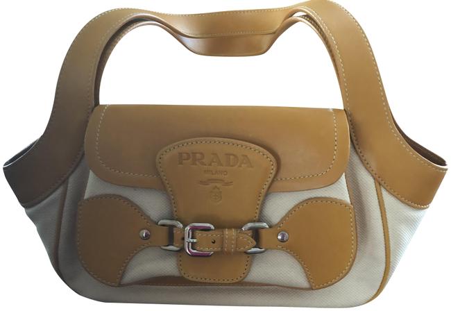 Prada Embossed Logo Flap Beige with Tan Leather Trim Canvas Shoulder Bag