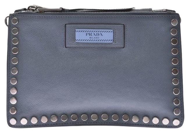 Prada Eticket Studs Blue 1bh077 Ladies Gray Leather Shoulder Bag