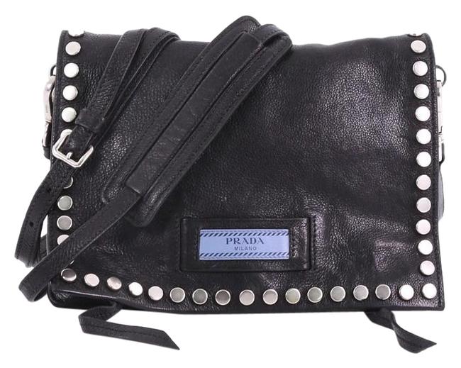 Prada Etiquette Flap Studded Glace Calfskin Small Black Leather Shoulder Bag