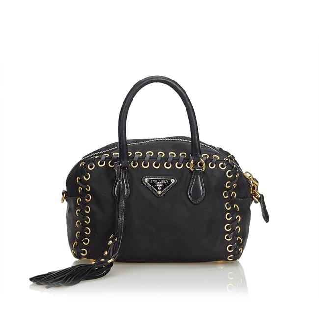 Prada Fabric Tassel Handbag Italy Black Nylon Leather Shoulder Bag