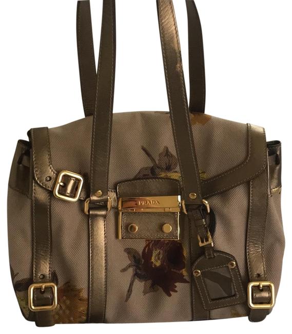 Prada Floral Bronze Canvas and Leather Shoulder Bag