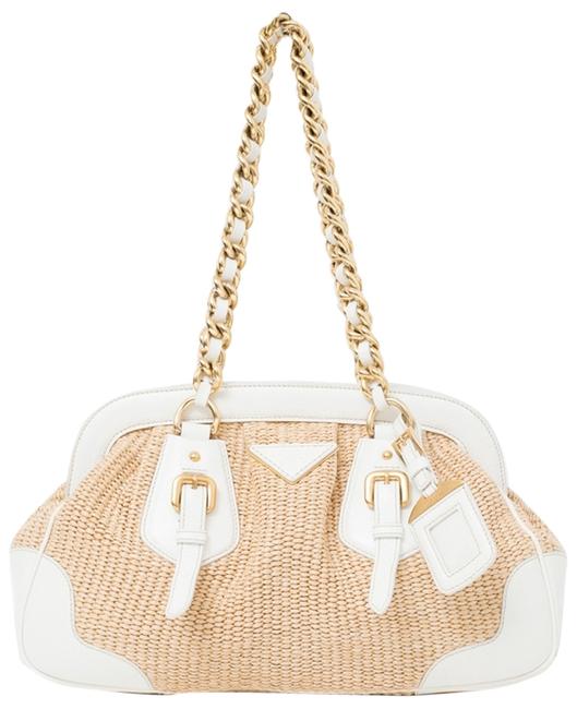 Prada Frame Trim Chain Handle Handbag Straw  White Leather Shoulder Bag