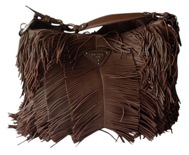 Prada Fringe Lambskin Brown Leather Shoulder Bag