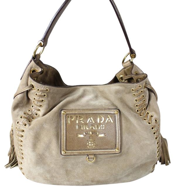 Prada Fringe Tobacco Beige Suede Shoulder Bag