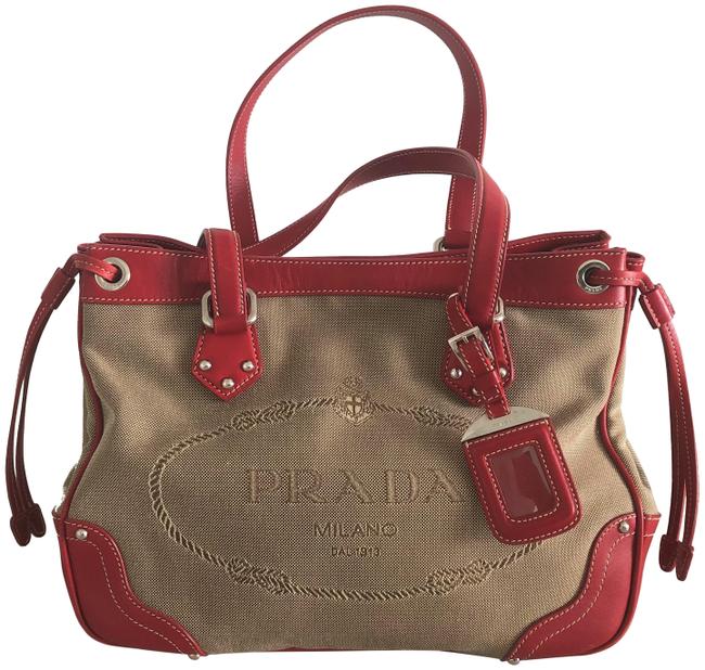 Prada Galleria Jacquard Red Beige Silver Hardware Canvas Shoulder Bag