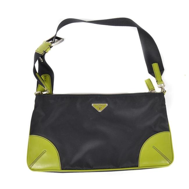 Prada Galleria Medium Black  Green Nylon Shoulder Bag