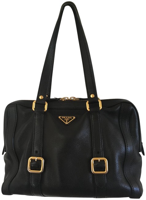 Prada Gold Black Leather Vitello Daino Shoulder Bag